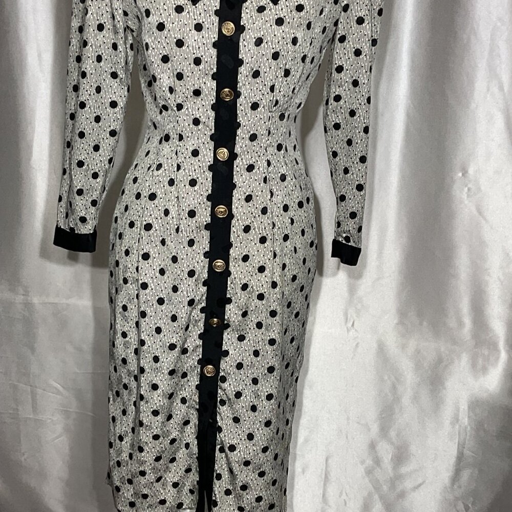 Vintage-Inspired Black & White Polka Dot Midi Dress With Gold Buttons & Bow Deta - Picture 5 of 15